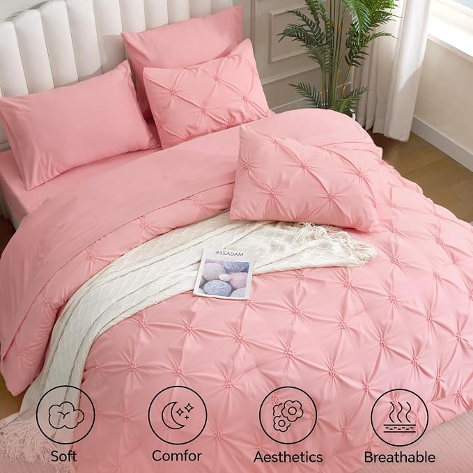 BEDELITE Full Comforter Set Pink,Lightweight & Soft Comforter | 7 Pc Boho Bed in a Bag,Warm & Cute Bed Set for All Season,Includes Comforter,Flat & Fitted Sheets,2 Pillowcases & 2 Shams
