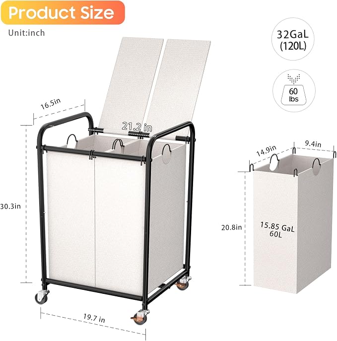 120L Laundry Sorter 2 Section, Rolling Laundry Basket with Wheels ＆ Lid | 31.7 Gal Laundry Hamper, 2 Separated Removable Bags, Lockable Wheels, Dirty Clothes Hamper for Laundry Room, Bedroom, White
