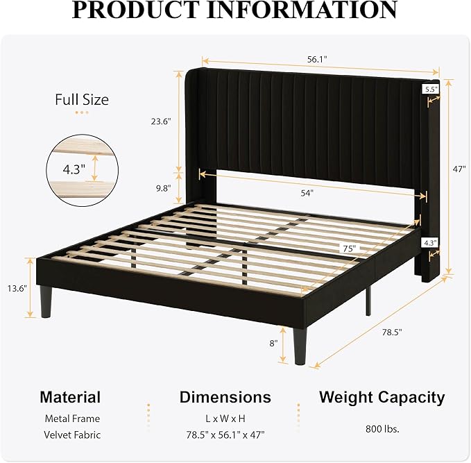 SHA CERLIN Full Size Velvet Bed Frame, Tufted Wingback Headboard, Black | 47'' Modern Vertical Channel Headboard, Upholstered Platform Bed, Wood Slats, No Box Spring Needed, Easy Assembly, Noise Free
