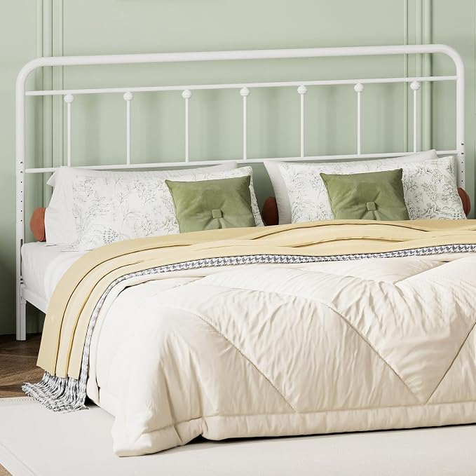 Victorian Metal California King Headboard Only, White | 34"-44.6" Adjustable Height, Cal King Head Board with Bed Frame Brackets Adapter, Easy Assembly, Farmhouse Vintage Style