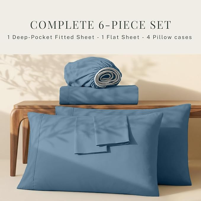 Hearth & Harbor Extra Deep Pocket Sheets - Fits Mattress 18-24 Inches Deep - Extra Deep Pocket California King Size - 6 Piece Cal King Sheets - Cal King, Blue Heaven