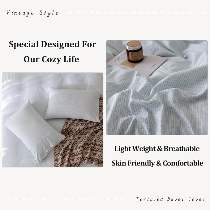 BDEAR 3Pcs Light Blue Pinstriped Duvet Cover Set King Size 104''Wx90''L | Light Weight Design, 1 Duvet Cover with 2 Pillowcases, Zipper Closure, OEKO TEX Standard,8 Corner Ties, Skin Friendly
