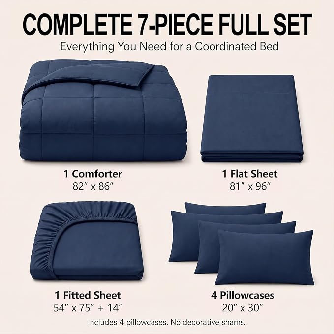 Full Size Comforter Sets Navy Blue - 7 Pieces Bed in a Bag | OEKO-TEX Certified, All-Season, Bedroom, Guest Room, Down-Alternative Comforter + Flat & Fitted Sheets + 4 Pillowcases