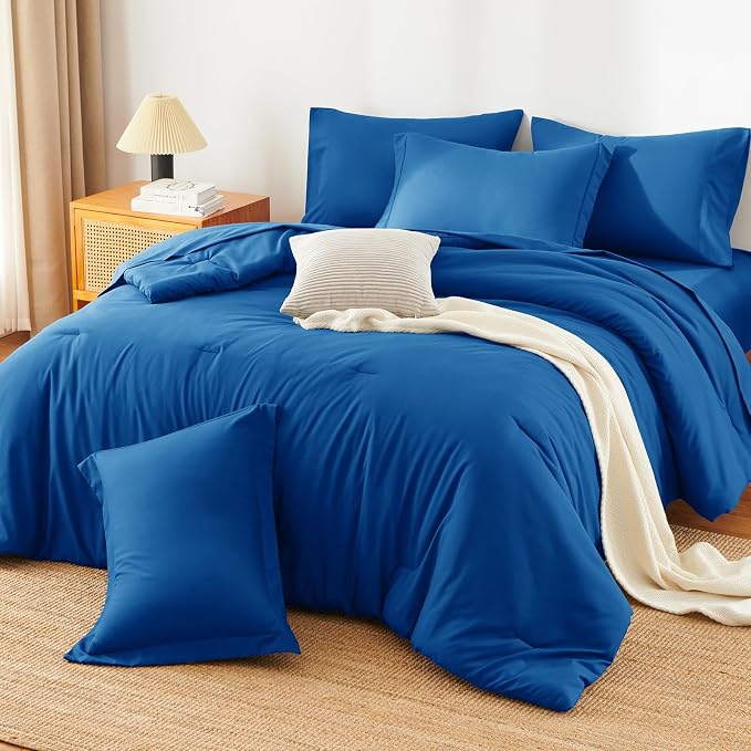 HIMEET Queen Comforter Set, 7-Piece Point-Quilted Bed in a Bag Classic Blue | OEKO-TEX Certified, Lightweight 240 GSM Comforter, Flat Sheet, 14-Inch Deep-Pocket Fitted Sheet, Pillowcases & Shams