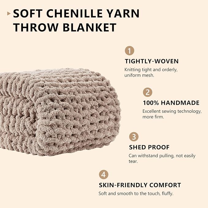 L'AGRATY Chunky Knit Throw Blanket for Couch, 60 x 80 Inches, Light Taupe | Handmade Chenille Crochet Blanket for Sofa Bed, Thick Cable Knitted Blankets for Room Home Decor, Birthday Gift for Women Mom