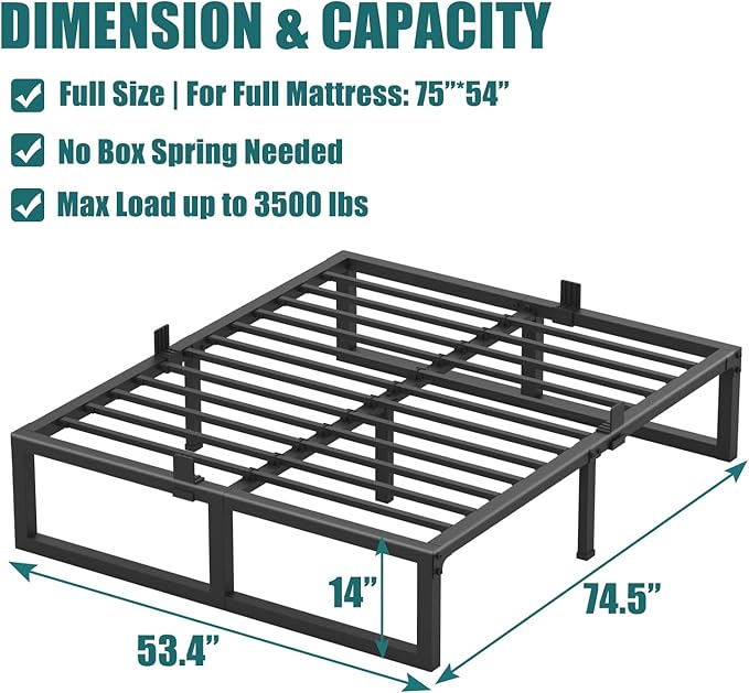 Yitong Angel Full Size Bed Frame, 14 Inch Heavy Duty Support 3500 lbs Metal Platform, No Box Spring Needed/Noise Free/Non-Slip/Steel Slat Support/Easy Assembly