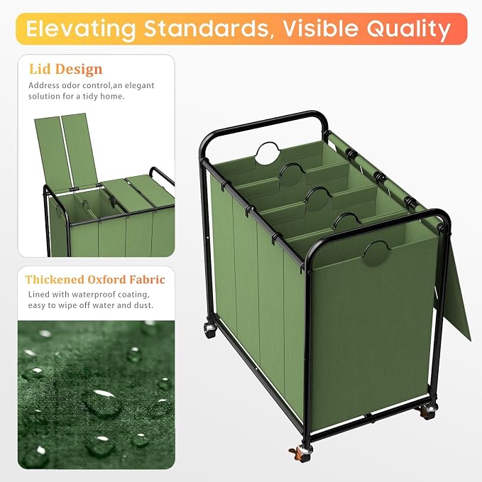 Laundry Sorter 4 Sections 48 Gal, Rolling Laundry Basket with Wheels ＆ Lid | Laundry Hamper, 4 Separated Removable Bags, Lockable Wheels, Dirty Clothes Hamper for Laundry Room Organizer, Green