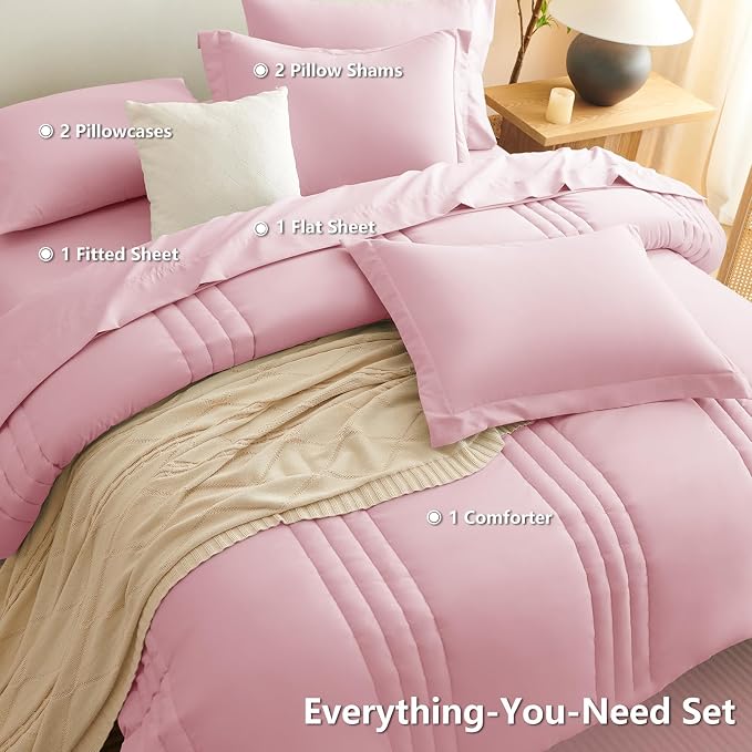 Full Size Comforter Sets Pink- 7 Pieces Bed in a Bag | OEKO-TEX Certified, 240GSM Down-Alternative Comforter, 14" Deep-Pocket Sheets, Shams & Pillowcases, Lightweight