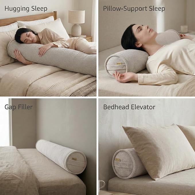Long Round Body Pillow for Adults – Corduroy Cervical Roll Bolster Pillow, Firm Support for Spine Alignment & Side Sleeping,59 x 7.87 Inches,Beige Gray