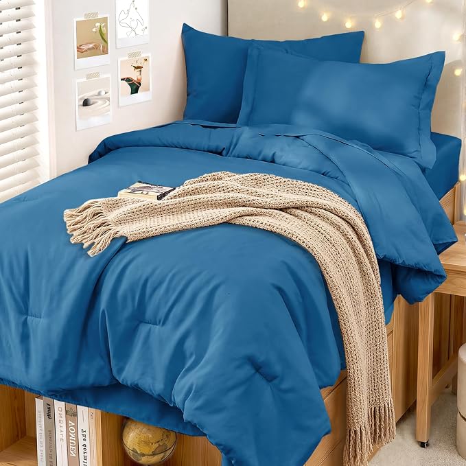 5 Pieces Twin XL Comforter Set, Soft Bed in a Bag Twin XL Size, All Season Bedding Set with Comforter, Flat Sheet, Fitted Sheet, Pillowcases & Shams, Bluish Green