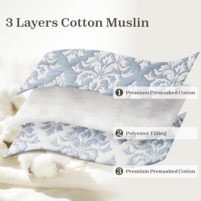 Exclusivo Mezcla Cotton Quilts King Size Blue | Soft Lightweight Bedspread, Breathable Prewashed Yarn Dyed Muslin, All Season Bedding Set, Boho Coverlet With 2 Pillow Shams