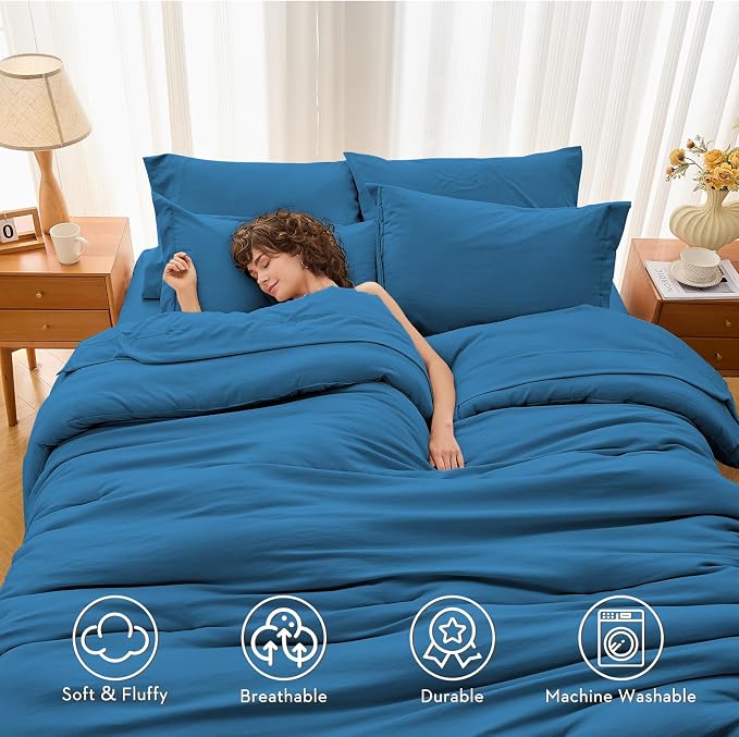 5 Pieces Twin Comforter Set, Soft Bed in a Bag Twin Size, All Season Bedding Set with Comforter, Flat Sheet, Fitted Sheet, Pillowcases & Shams, Bluish Green