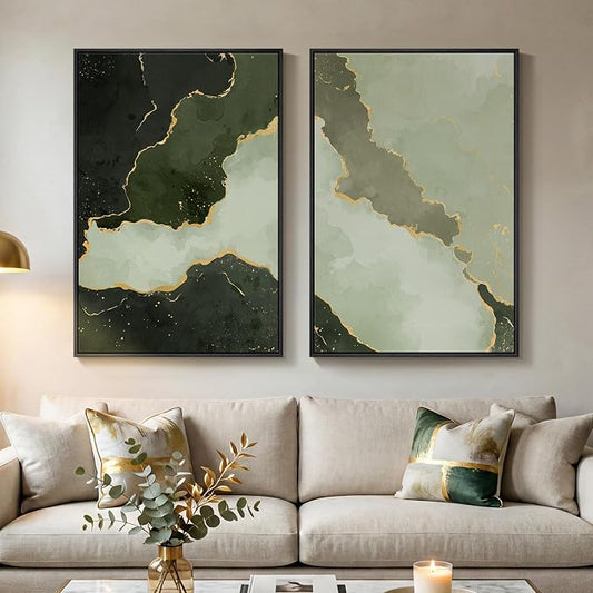 Large Framed Green Gold Abstract Wall Art for Living Room Set of 2, 24x36 | Sage green, Canvas prints, Modern paintings, Minimalist pictures, Black frame, Dining room, Bedroom, Office wall decor