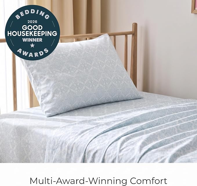 Mellanni Iconic 3-Piece, Ultra Soft Sheet Set (Twin XL, Laced Sky Blue) | 10M+ Sleepers. Lab-tested: Sleeps Cool, Stays Bright, Strong, Smooth. Good Housekeeping Best Bedding, 7 yrs running.