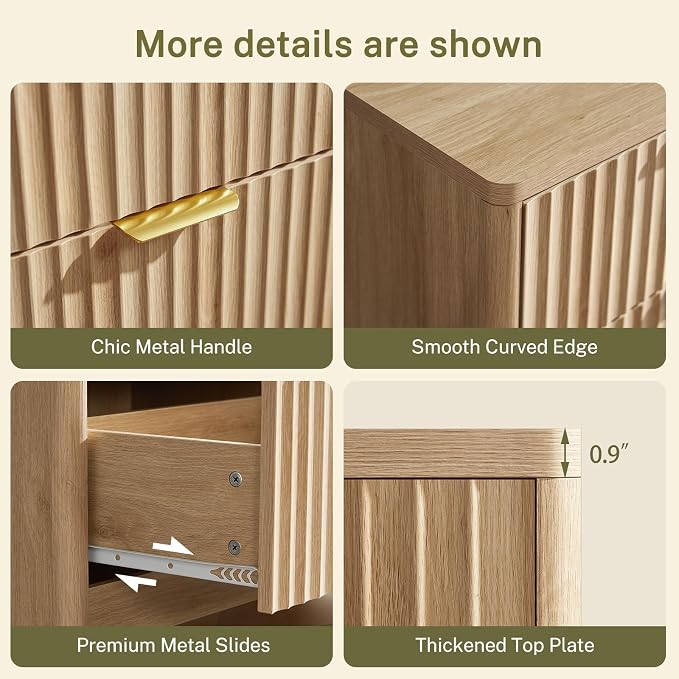Fluted 6 Drawer Dresser for Bedroom, Wide Modern Chest of Drawers with Metal Handle, Curved Profile Design, Wood Closet Clothes Storage Organizer for Bedroom, Hallway, Natural