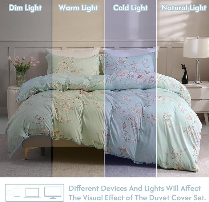 LONAVA King Flower 3 Pcs Duvet Cover Set, Breathable Soft Microfiber Light Blue Lining Comforter Cover with Zipper Closure, and 2 Anti-Pilling, Fade Resistant Pillowcases, Mint Flower
