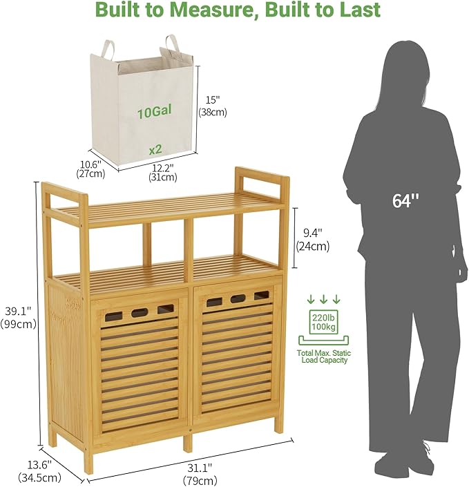 Homykic Tilt Out Laundry Hamper Cabinet, Bamboo Laundry Basket Organizer | 20 Gal Laundry Sorter with 2 Removable Liner Bags, Hidden Clothes Hamper with Shelf for Laundry Room, Bathroom, Closet