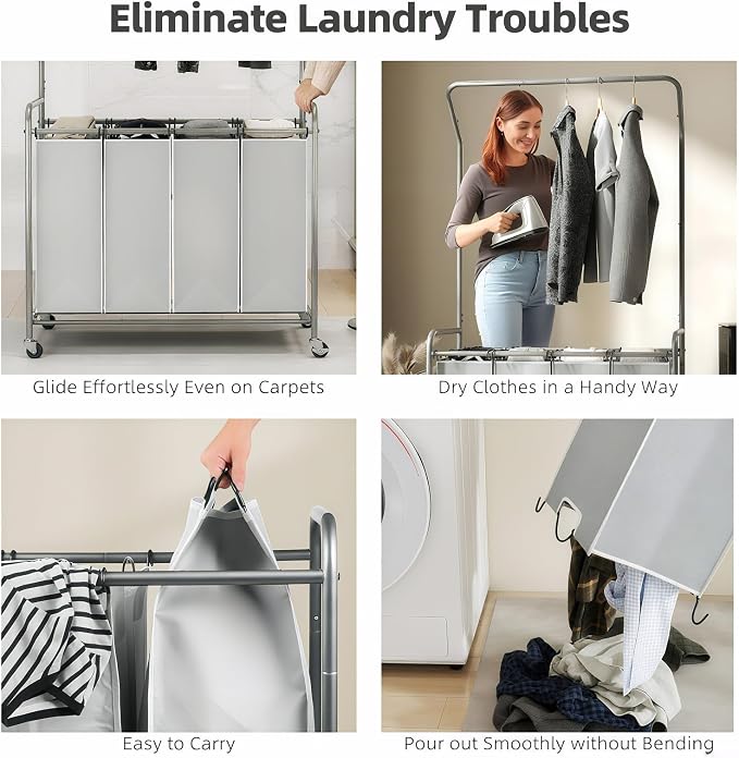 ROMOON Laundry Hamper Sorter Cart, 4 Section Organizer with Hanging Bar | 180L Rolling Laundry Basket with Heavy-duty Lockable Wheels and Clothes Rack for Laundry Room, Closet, Small Spaces, Grey