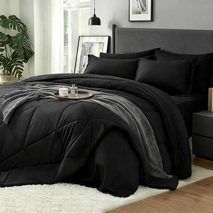 BEDELITE King Comforter Set 7 Pieces, Solid Black Bed in A Bag | Soft All Season Down-Alternative Comforter, Sheets, Pillowcases & Shams, OEKO-TEX Certified Bedding for Bedrrom, Guest Room