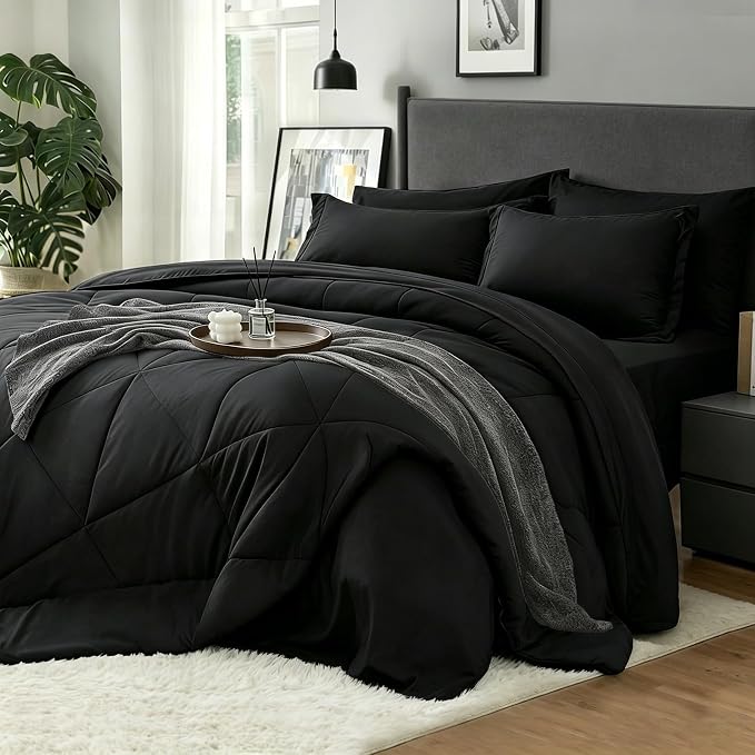BEDELITE Full Comforter Set 7 Pieces, Solid Black Bed in A Bag | Soft All Season Down-Alternative Comforter, Sheets, Pillowcases & Shams, OEKO-TEX Certified Bedding for Bedrrom, Guest Room