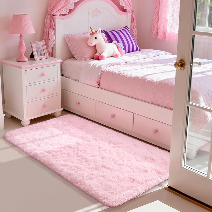 Soft Fluffy Rugs Pink Girls Bedroom Nursery Rug, 2x4 Small Shaggy Non-Slip Bedside Rug for Dorm Kids Room Carpet, Plush Furry Area Rugs Livingroom Accent Floor Indoor Holiday Decor