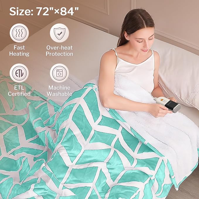 VENTIMI Heated Blanket Full, 9 Heat Levels & 2-10 Hours Auto Off, Green | ETL & FCC, Fast Warming, 72" x 84", Flannel and Sherpa, Couch Bed Use, Machine Washable, Removable Controller