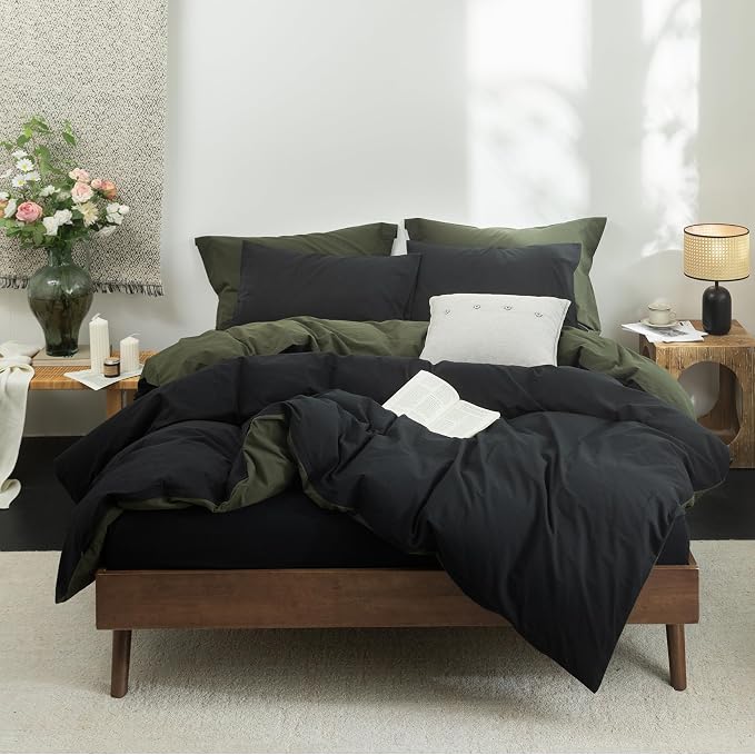 BDEAR 3Pcs Duvet Cover Set Queen Size 90" Wx90 L,Olive Green and Black | 100% Washed Cotton, 1 Duvet Cover with 2 Pillowcases, Zipper Closure, OEKO TEX Standard,8 Corner Ties,Linen-Liked Texture