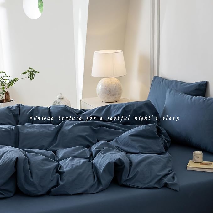 BDEAR 3Pcs Gray Blue Duvet Cover Set Queen Size 90" L x 90" W, Oeko TEX | 100% Washed Cotton, 1 Duvet Cover with 2 Pillowcases, Zipper Closure, 8 Corner Ties,Linen-Liked Texture, Skin Friendly