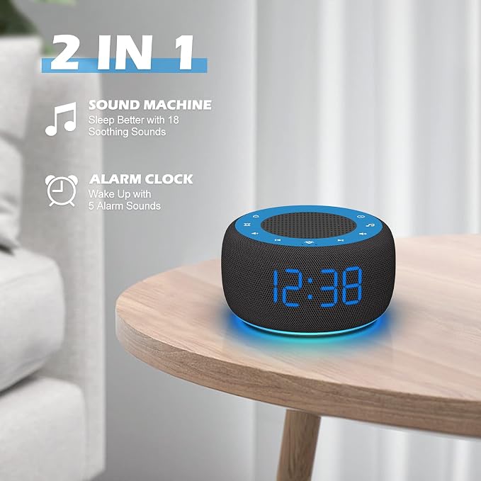Buffbee Sound Machine & Alarm Clock 2-in-1, Bedroom Sleep Clock | 0-100% Clock Face Brightness, Bottom Colored Light, Sleep Timer, Precise 30-Level Volume Control White Noise Machines