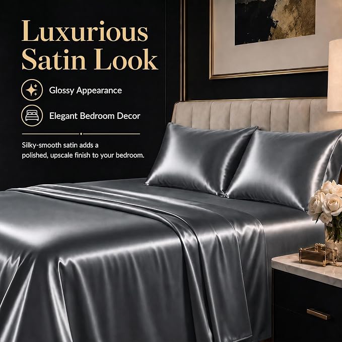 CozyLux Satin Sheets Queen, 4-Piece 14-Inch Deep Pocket Sheet Set | OEKO-TEX Certified Silky Soft Sheet Set for Hair & Skin, Luxurious Silky-Smooth Satin for Elegant Bedroom Decor, Dark Grey