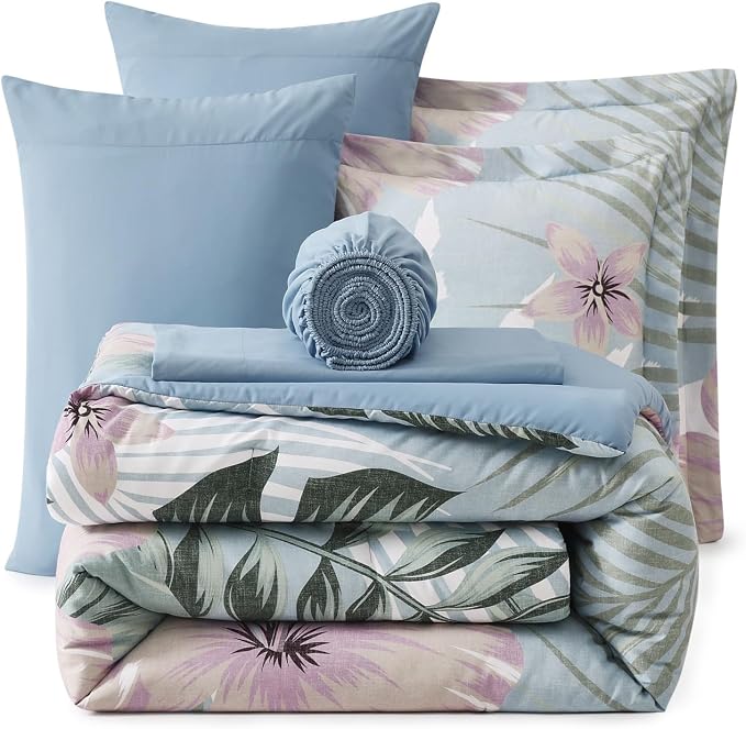 Full Size Comforter Sets - 7 Pieces Floral Bed in a Bag Full Bedding Set | Tropical Palm Leaf Comforter Set with Sheets, Pillowcases & Shams for All Seasons, Blue