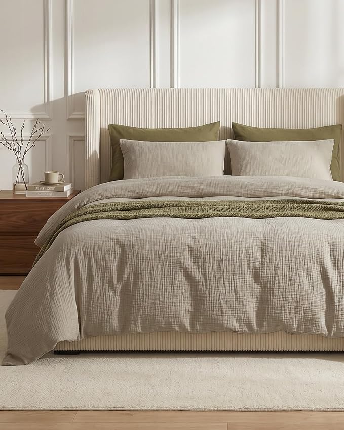 SE SOFTEXLY Muslin Duvet Cover Queen Size, 100% Washed Cotton Duvet Cover Set, Ultra Soft Comforter Cover Linen Like, 3 Pieces Minimalist Gauze Duvet Cover with 2 Pillowcases, 68"x90", Oatmeal