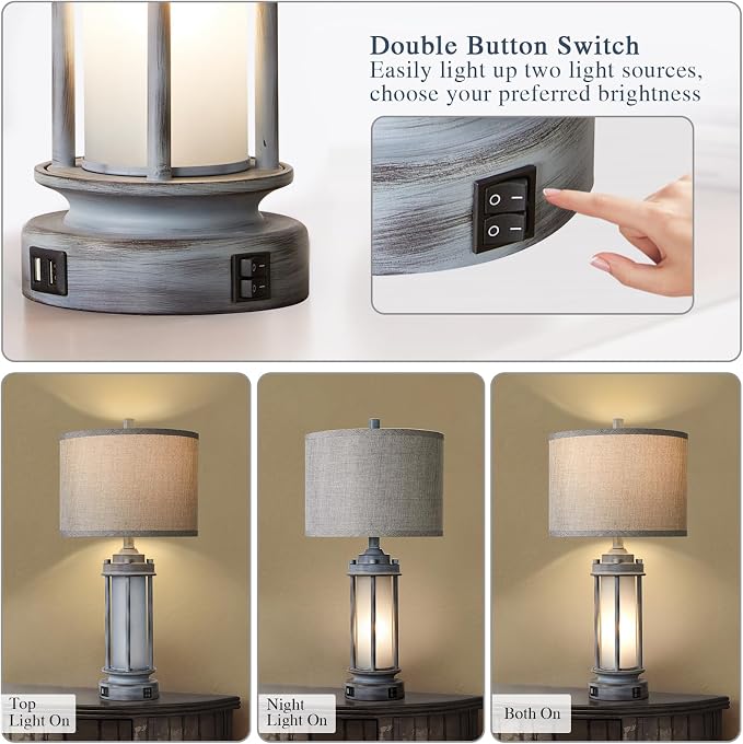 AIEAMPDO 25" Rustic Farmhouse Nightstand Lamp with 2 USB C+A Ports | Rustic Vintage Antique Retro Design With Light Green Glass Nightlight. Table Lamp for Bedroom Living Room, 2 Bulbs Included
