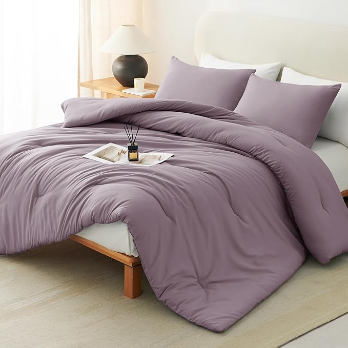 Oversized Queen Comforter Set 3 Pieces Dusty Purple Quilted Bedding | 270 GSM Down Alternative Fill, 4 Corner Ties for Duvet Insert Use, All Season, OEKO-TEX Certified, 2 Pillowcases, 98 x 98 in