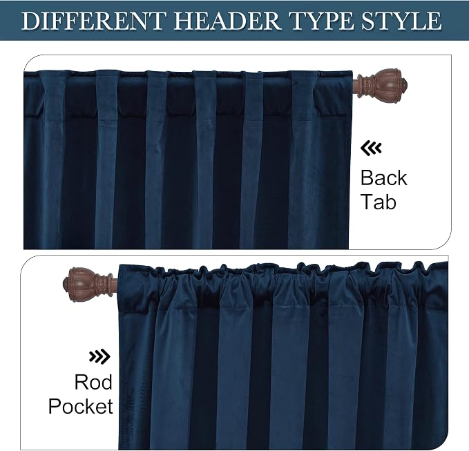 RYB HOME Navy Blue Velvet Curtains & Drapes 72 inches Long for Nursery | Thermal Insulated, Privacy UV Blocking, Luxurious Soft Fabric, Back Tab, Drapes for Bedroom Bathroom, W42 x L72, 2 Panels