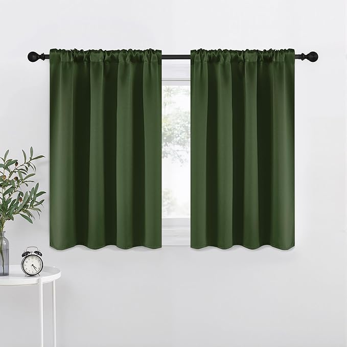 NICETOWN Dark Green Blackout Curtains for Cafe 42" Wide x 36" Long 2 Panels | Satin Curtains for Kitchen Small Windows Rod Pocket Noise Reducing Faux Silk Drapes for Cupboard, Light Blocking Home Decor