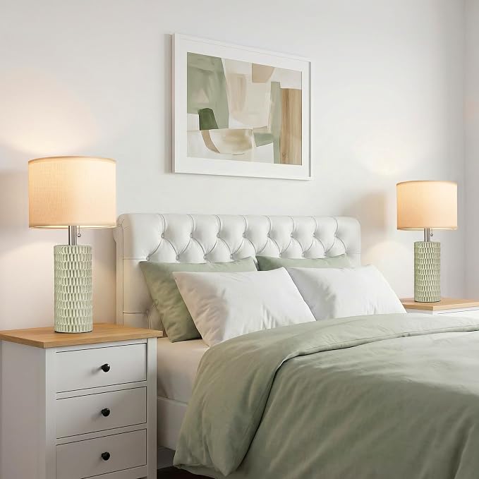 Reaketon 20” Modern Table Lamps Set of 2, Lamps for Bedroom, Light Green | Ceramic Table Lamps for Nightstands, Small Table Lamps for Living Room, Bedside, End Table, Kids Room, Pull Chain Switch