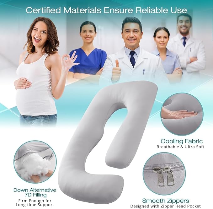 Cooling Pregnancy Pillows for Sleeping, 65'' Full Body Pillow, Light Grey | Sasttie Maternity Pillow, OEKO-TEX, Down Alternative, Removable Cover, Pregnant Women Must Haves, Maternity Essential