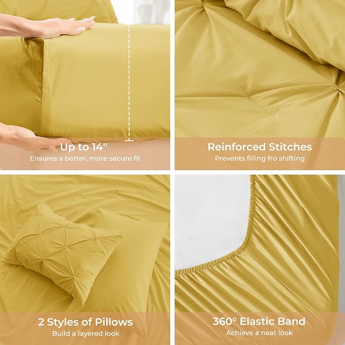 Sasttie Queen Comforter Set, 7-Piece Bed in a Bag, Pintuck Bedding Sets for All Season, Includes Comforter, Flat Sheet, Fitted Sheet, Pillowcases and Pillowshams, Mustard Yellow