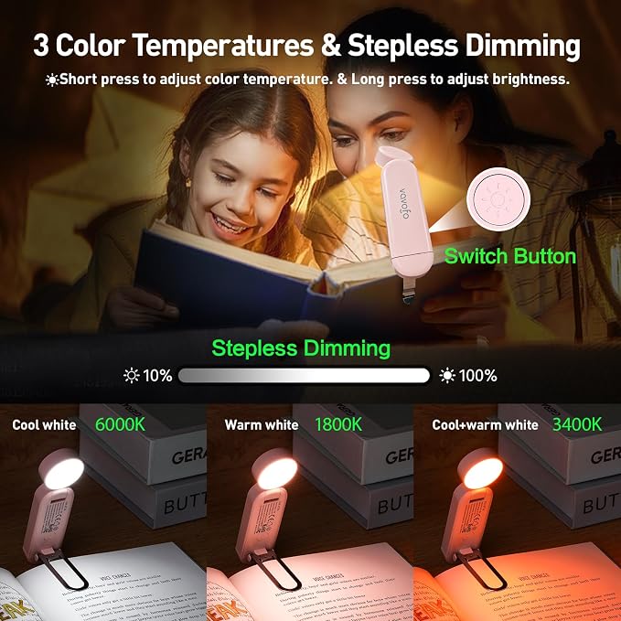 VAVOFO USB Rechargeable Book Light, Bookmark Clip on LED Reading Light | 3 Colors 9 Lighting modes clip on book light, Eye Care Glow for Bed Reading, Christmas Gift for Bookworms, Book Accesories