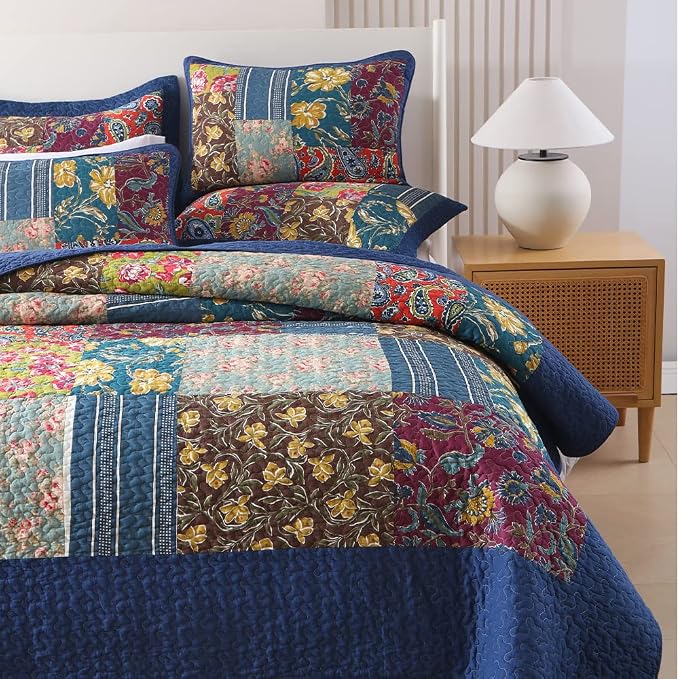 VISIMISI Cotton Bedspread Quilt Sets Reversible Bedding Coverlet Sets 3 Pieces Patchwork Blue Vintage Floral Paisley Bedspread, Queen Size