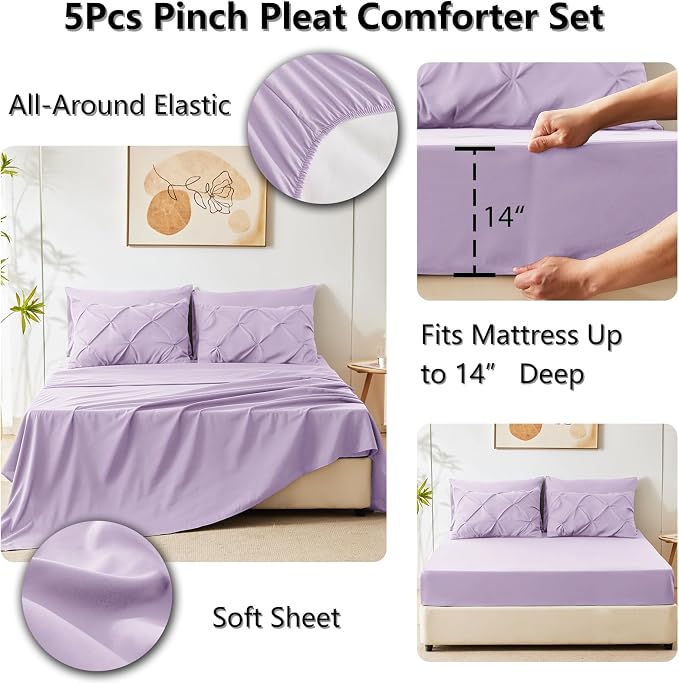 Twin XL Comforter Set Lavender, 5 Pieces Pintuck Bed in a Bag | College Dorm Essentials, OEKO-TEX 100 Certified, 240GSM All Season, Down-Alternative Comforter, Sheets, Pillowcase & Sham