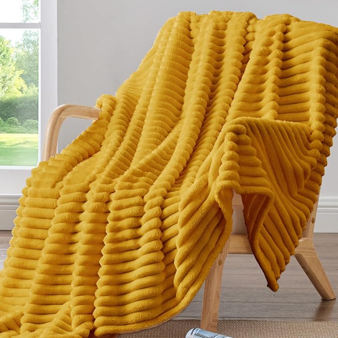 BEDELITE Striped Fleece Throw Blanket, Mustard Yellow, 50"x60" | 300GSM Microfiber Fleece, Soft Cozy, Lightweight Warm, Double-Sided Plush, Machine Washable, Gift, Room Decor, for Couch Sofa