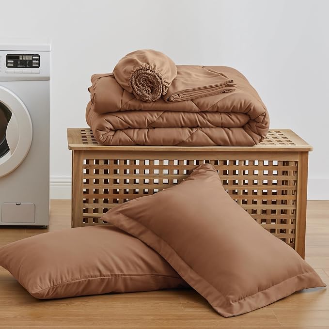 Love's cabin Twin Comforter Set Mocha Mousse, 5 Pieces Twin Bed in a Bag, All Season Bedding Sets with 1 Comforter, 1 Flat Sheet, 1 Fitted Sheet, 1 Pillowcase and 1 Pillow Sham