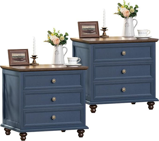 Joaxswe 24" Wide Farmhouse Night Stand Set of 2,Large End Table with 3 Drawers & Metal Handle,Blue Dresser for Bedroom,Bed Side Table Chest of Drawers Cabinet,Wood Nightstand for Living Room,Closet