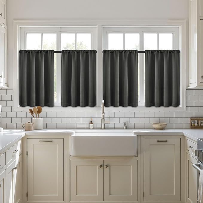 MIULEE 4 Panel Set Short Bedroom Blackout Curtains 54 Inch Long Dark Grey | Thermal Curtains for Summer Heat, Light Blocking Privacy Window Drapes, Top&Bottom Rod Pocket