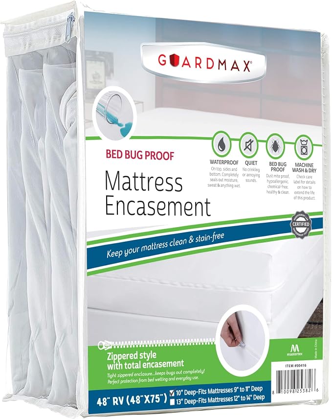 Guardmax RV Mattress Protector Zippered, Bed Bug Mattress Cover | Waterproof, Dust Mite Proof, 6-Sided, Soft Jersey Knit, OEKO-TEX Certified, Machine Washable, RV - 48 x 75, up to 11" Deep