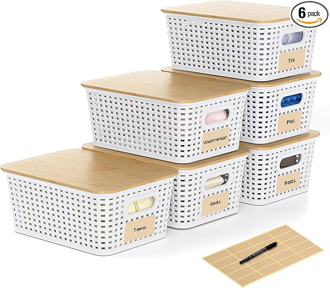 6 Pack Plastic Storage Baskets,White bamboo lid storage Box | Labels, Stackable, For Organizing Shelves Pantry Drawers Desktop Closets Organizing Desktop Closet Playroom Classroom