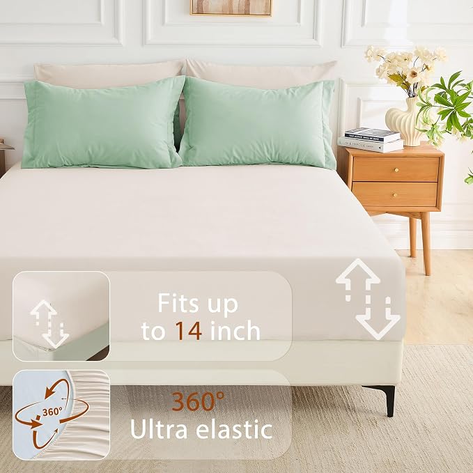7 Pieces Queen Comforter Set, Soft Bed in a Bag Queen Size, All Season Bedding Set with Comforter, Flat Sheet, Fitted Sheet, Pillowcases & Shams, Sage Green & Beige