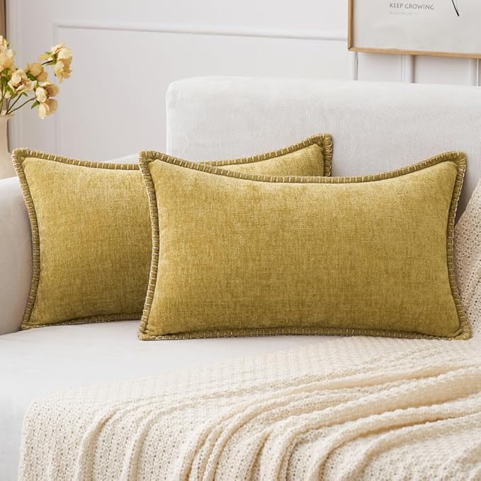 MIULEE Decorative Lumbar Throw Pillow Covers 12x20 Inch Mustard Yellow | 2 Pack, Farmhouse Pillow Covers with Stitched Edge, Soft Chenille Cushion Cases, for Couch Sofa Bed Living Room Home Decor